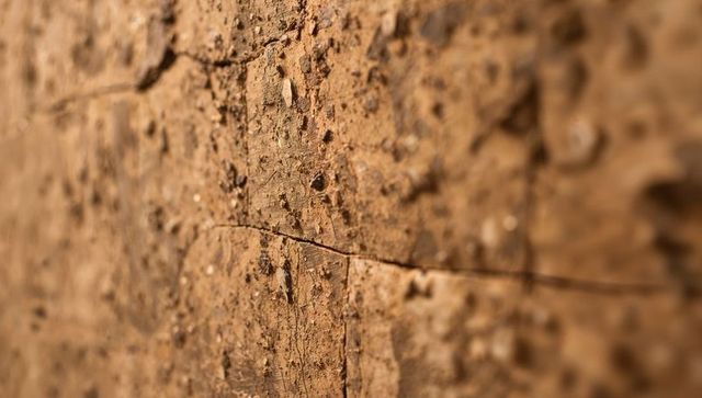 Weathered stone wall close-up showing cracked mortar, pebbled eroded texture