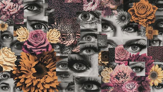 Monochrome eye collage with vibrant roses and sunflowers, floral mosaic portrait fragments