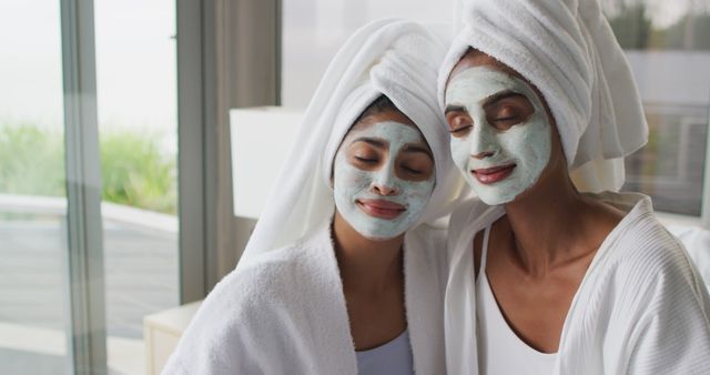 Two women are enjoying a relaxing moment with facial masks and wrapped in white towels. Both women have their eyes closed and appear serene. Perfect for promotions related to skincare products, spa services, wellness retreats, or content related to beauty and self-care tips.