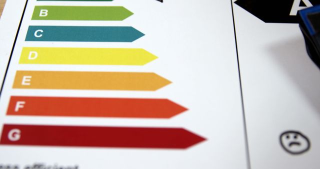 Illustration shows a colored energy efficiency rating scale from A to G. Used in brochures or websites emphasizing energy conservation, efficiency, or environmental awareness.