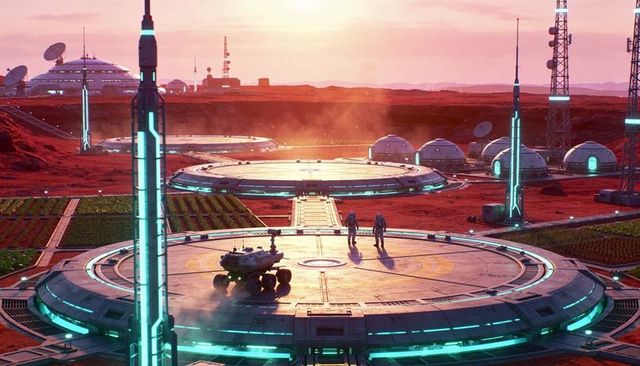 Mars outpost at sunset with astronauts inspecting rover on illuminated circular landing pad
