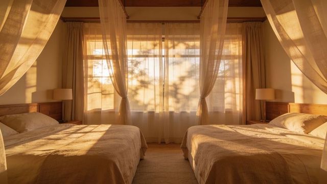 Sunlit twin beds with sheer canopy drapes creating warm minimalist bedroom retreat