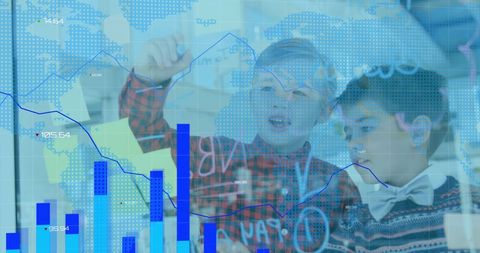 Children analyzing global economics with digital interface overlays