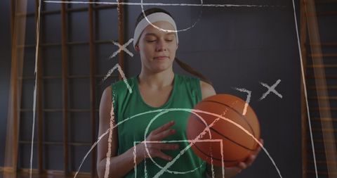 Female basketball player with strategy diagram overlay