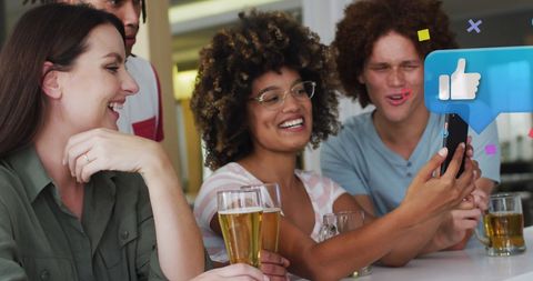 Diverse Friends Socializing with Digital Media Interaction