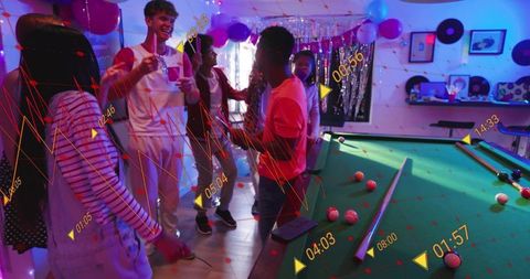 Young adults celebrating at neon billiards party with analytics overlays and pool table fun