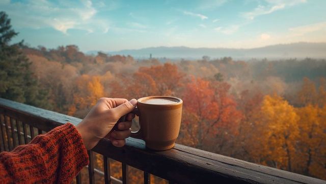 Cradling mug on railing overlooking autumn forest and misty hills at sunrise