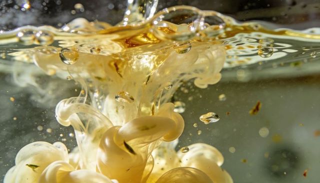 Ivory cream plume swirling in clear water with amber bubbles macro abstract visual