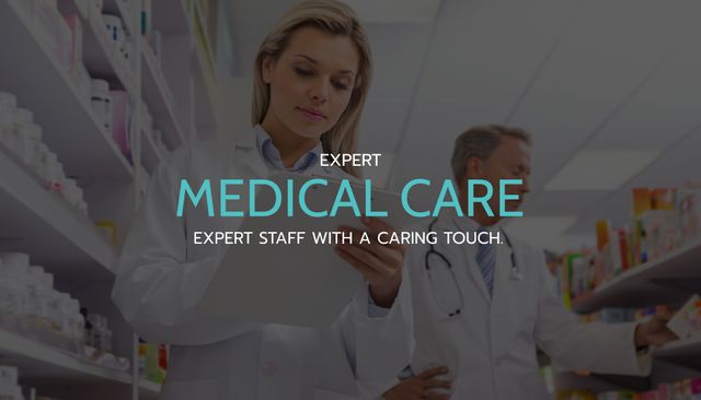 Promoting healthcare services, a focused female pharmacist exemplifies professional medical care. The image radiates trust and expertise, suitable for medical consultations or pharmacy advertisements.