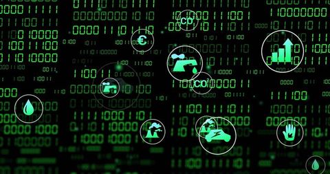 Green finance data network with binary code, floating eco icons and glyphs