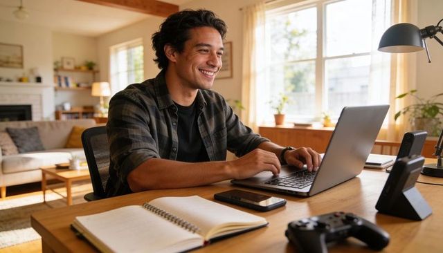 Smiling young man working remotely at sunlit home desk with laptop and notebook