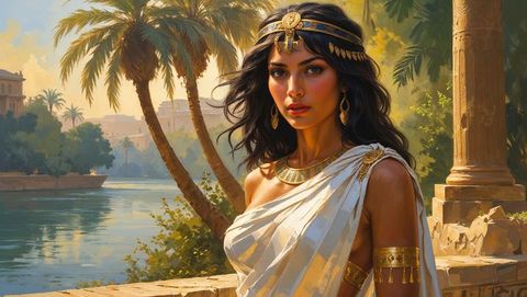 Elegant egyptian cleopatra in historical west along serene riverbank