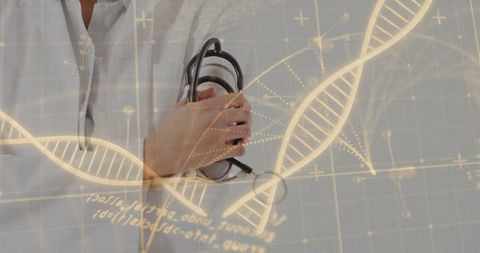 Doctor holding stethoscope to chest with digital dna helix overlay for clinical genomics