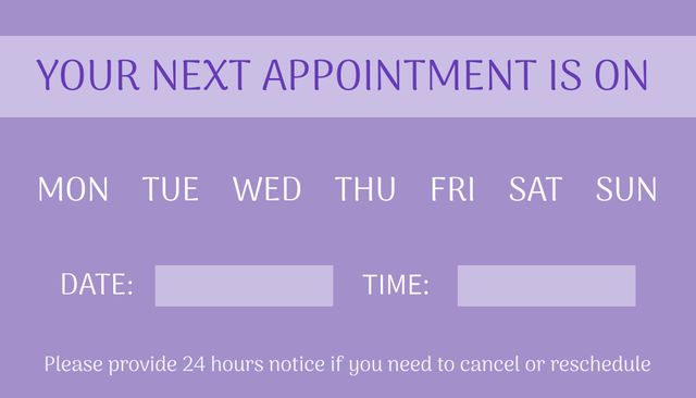 This purple appointment reminder template is ideal for businesses in healthcare, beauty, and services sectors to keep their clients updated about their upcoming appointments. The blank date and time fields allow for easy customization. Perfect for email notifications and print materials to ensure clients arrive on time for their scheduled slots.