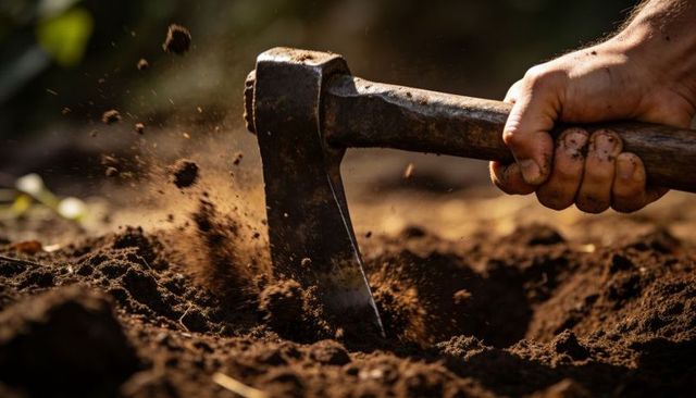 Striking mattock digging into rich soil, clods flying, bare hand gripping wooden handle
