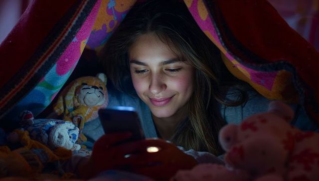 Hispanic teen using smartphone under blanket fort with plush toys
