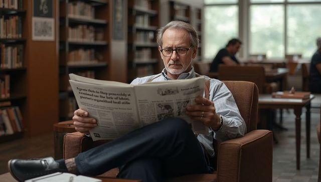 Senior man reading broadsheet in library armchair, wearing round eyeglasses and suspenders