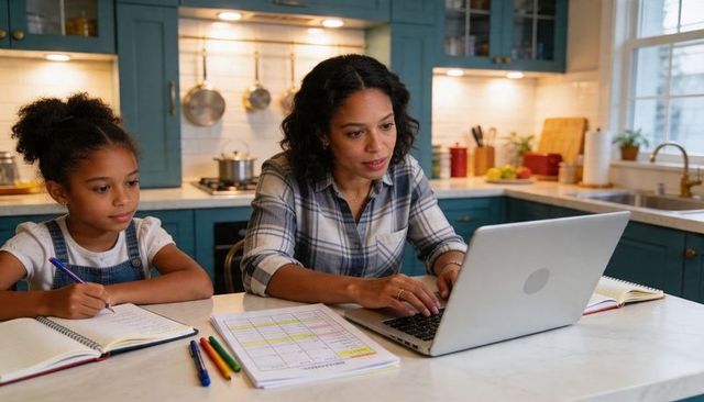Mother working on laptop while daughter doing homework at kitchen island balancing work homeschoolin