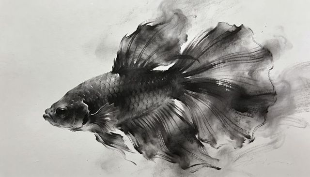 Gliding betta fish ink wash charcoal illustration with flowing fins and brush strokes
