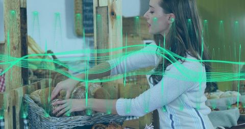 Artisanal Baker Arranging Fresh Loaves at Market Stall with Neon Waveform Overlay