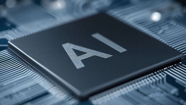 Ai processing chip resting on blue pcb closeup showing solder pads and reflective traces