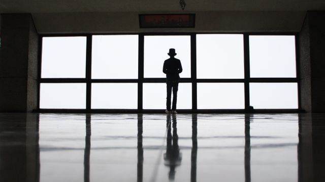 Silhouette of person standing alone in a modern building with large windows, natural light creating reflections on the floor. Person is wearing a hat, captures mood of solitude and contemplation. Suitable for themes of loneliness, introspection, modern architecture, or minimalist design.