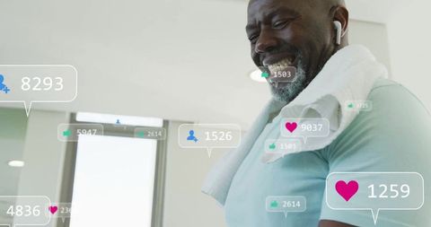 Fit Man Lifting Dumbbells with Social Media Icons Overlay