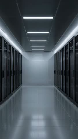 Moving through sleek data center server aisle with LED lights | Vertical tech footage