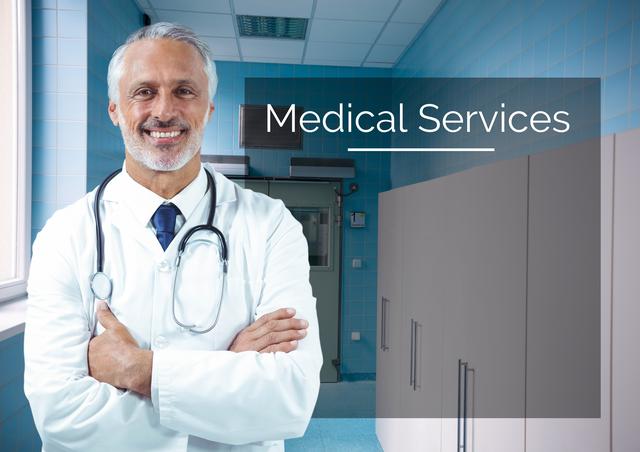 Senior male doctor smiling with arms crossed, promoting medical services in hospital office. Ideal for healthcare promotions, medical service advertisements, hospital brochures, and health-related website content.
