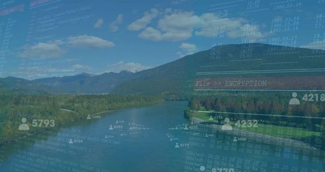 Nature and Technology Fusion with River and Digital Code Overlay
