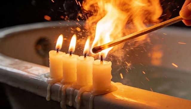Hand lighting row of dripping pillar candles on bathtub rim with spark and flame