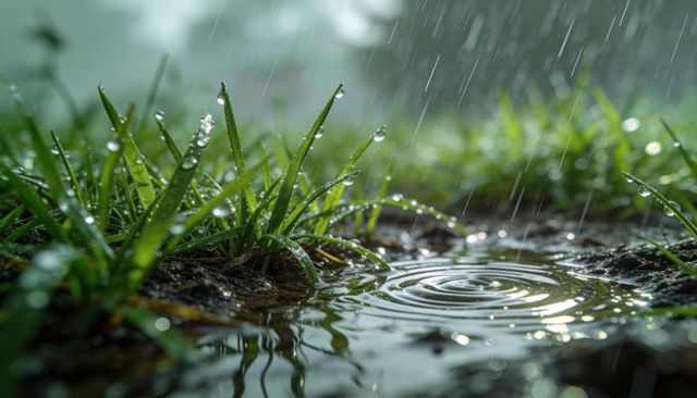 Glistening grass blades holding raindrops and forming ripples in rain-soaked puddle