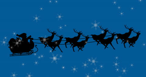 Silhouette Santa Sleigh with Reindeer and Snowflakes