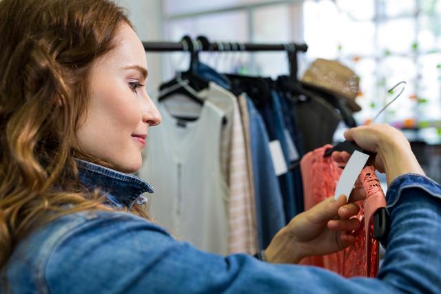 Woman in casual denim jacket examining price tag of dress in a clothing store. Ideal for use in retail, fashion, consumer behavior, and lifestyle contexts. Perfect for illustrating shopping experiences, retail environments, and fashion choices.