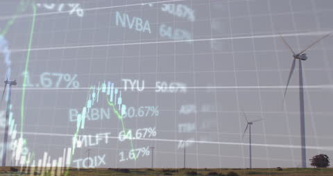 Financial Market Data Overlay on Wind Turbines Symbolizing Renewable Energy