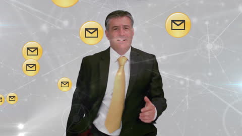 Businessman Running Amidst Digital Email Icons and Network Connections