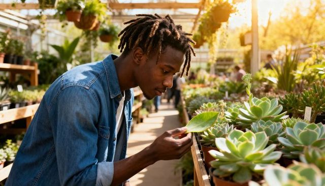 Young man examining succulent leaves in sunlit greenhouse during golden hour