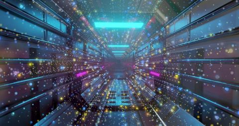 Futuristic neon tunnel with floating particles in spaceship interior