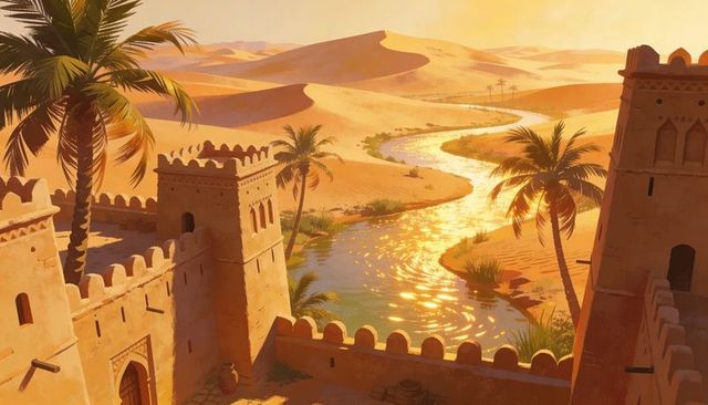 Golden oasis fortress overlooking winding desert river and rolling sand dunes at sunset
