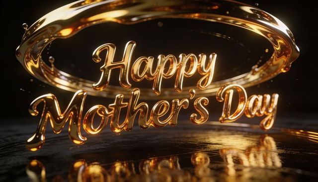 Golden happy mother's day lettering floating and reflecting on glossy dark surface with molten ring