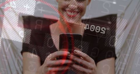 Smiling woman holding smartphone with digital overlay in futuristic environment