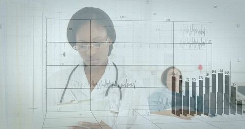 Doctor reviewing patient vitals with ecg overlay and digital health analytics visualization