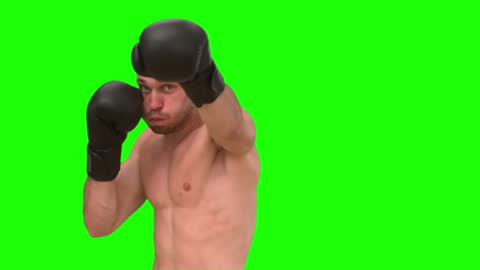 Muscular Man Practicing Boxing with Intensity on Green View