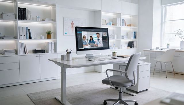 Telemedicine consultation on monitor in modern medical office with sit-stand desk