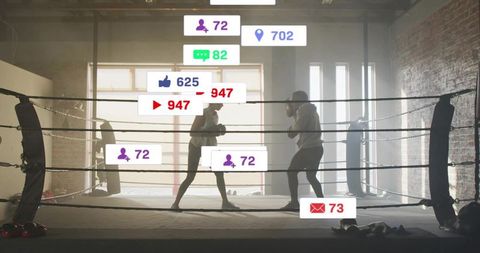 Backlit boxers sparring in industrial gym with social media notification overlays