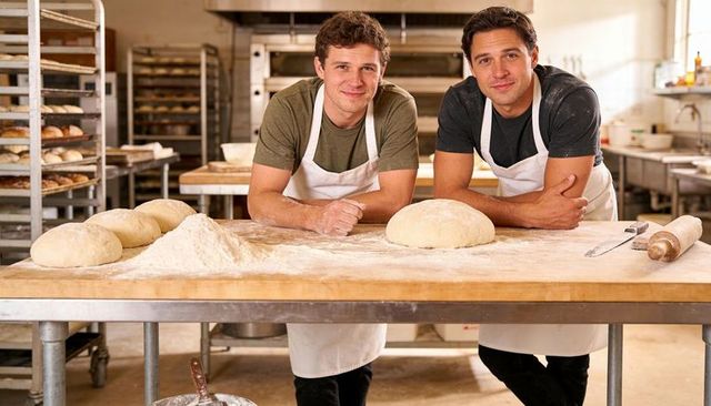 Two bakers kneading dough at wooden bench with rolling pin and flour