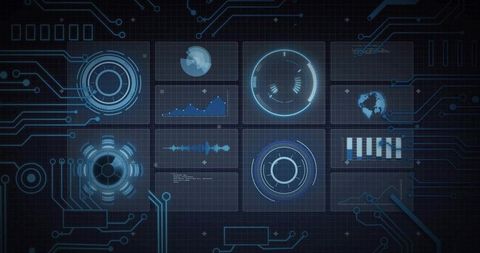 Futuristic Neon Blue HUD Interface with Circuit Grid, Monitoring Panels and Data Visuals