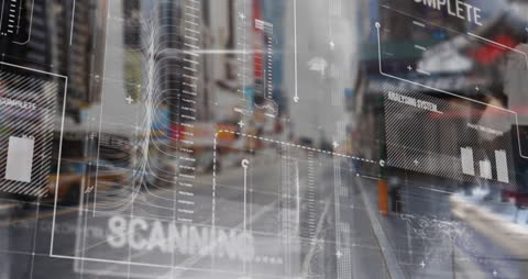 Futuristic Data Interface Overlaying Busy Urban Street