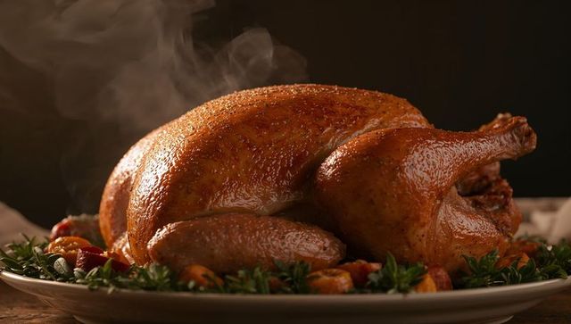 Steaming glazed roasted turkey on herb-garnished platter for holiday dinner feast