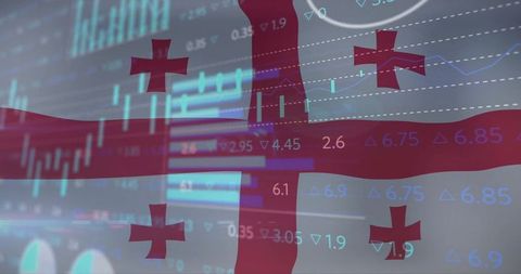Georgian flag floating over financial market data and trading charts